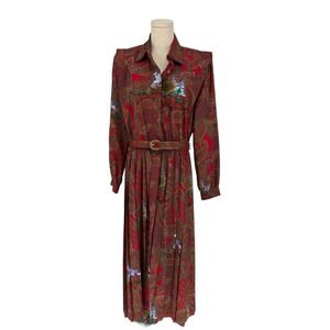 Vintage Schrader Maxi Dress Red Paisley Equestrian Hunt Scene Belted 12